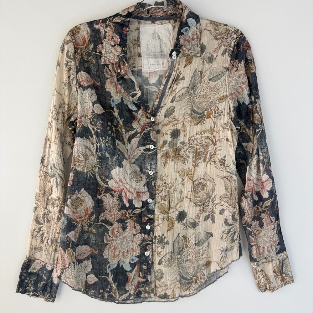 Cino Button Up Shirt Womens Small Blue Beige Floral Crinkle Cotton Roll Tab